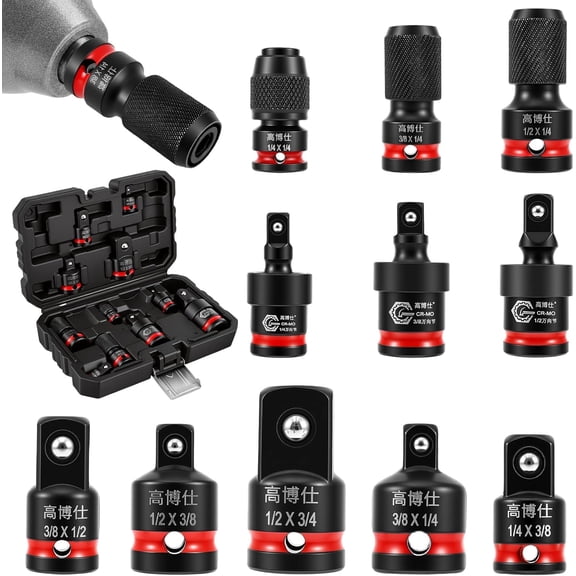 Cr-Mo Steel Impact Socket Adapter Set – 1/4", 3/8", 1/2" Drive Reducer & Extension Kit with Universal Joint, Bit Holder for Impact Wrench & Ratchet, Auto Repair Tool (RL 11 PCS)