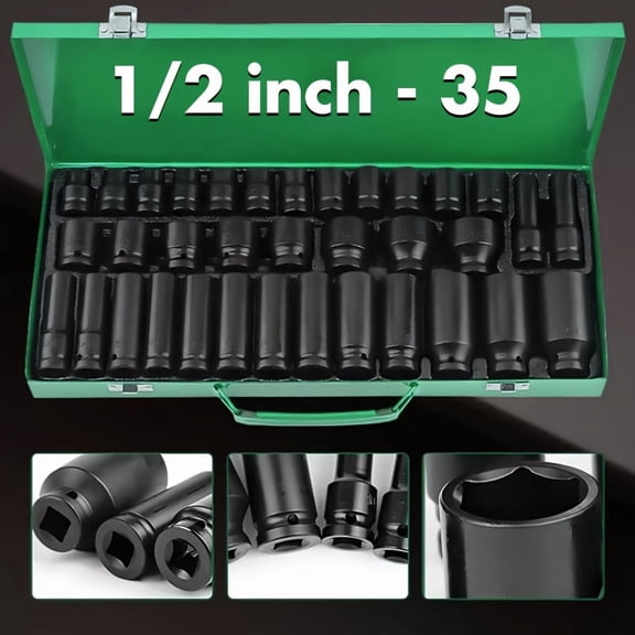 Cr-V Impact Socket Set (35/46+1/45/50pcs) - 1/2" Drive Hexagonal Tool Kit with SAE(5/16"-3/4") & Metric(8-22mm) Sizes, Ratchet Handle, Extension Rod & Connector