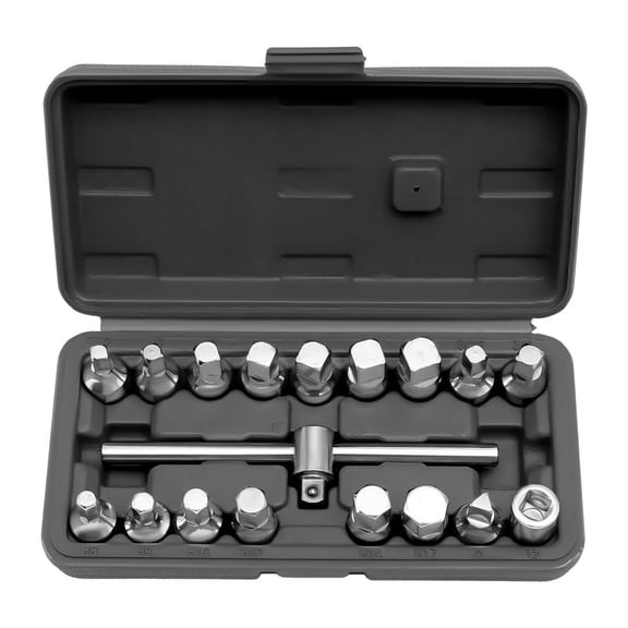 Cr-V Oil Drain Pipe Plug Hexagon Square Socket Key Removal Tool Set 18Pcs  3/8''Drive