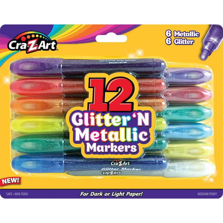 Cra-Z-Art 12 Piece Multicolor Glitter 'N Metallic Markers, 12 Count, Child  to Adult, Back to School