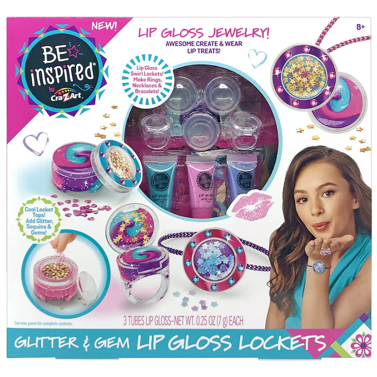 Cra-Z-Art Be Inspired Glitter & Gem Lip Gloss Lockets, Multicolor Craft Kit,  Unisex Ages 8 and up 