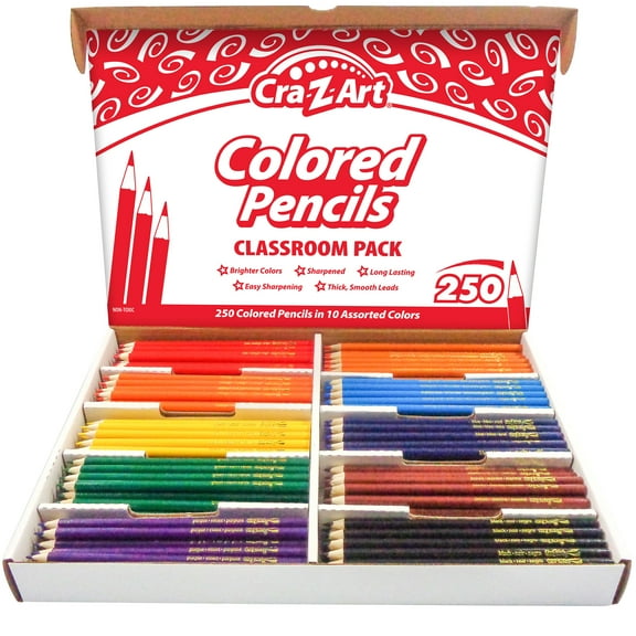 Cra-Z-Art: Classroom Pack: Colored Pencils - 250 Pieces - 10 Assorted Colors Set, Quality Wood/Lead Sharpened Pencils, Bulk Pack, School Art Supplies