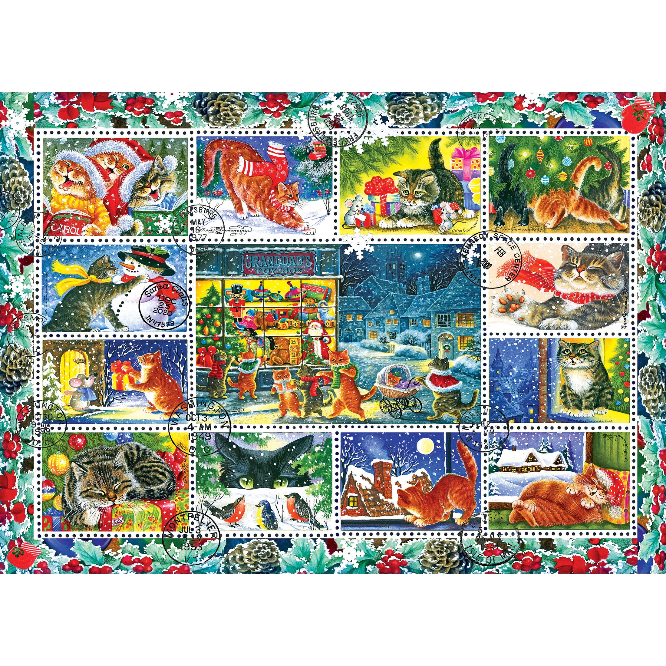 Cra-Z-Art Kodak 1000 Piece Christmas Cat Stamps Interlocking Jigsaw Puzzle
