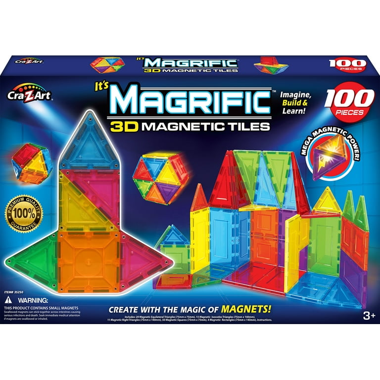 Cra Z Art Magrific 100 Piece Multicolor 3D Magnetic Tiles Set Fun STEM Toy for Ages 3 and up