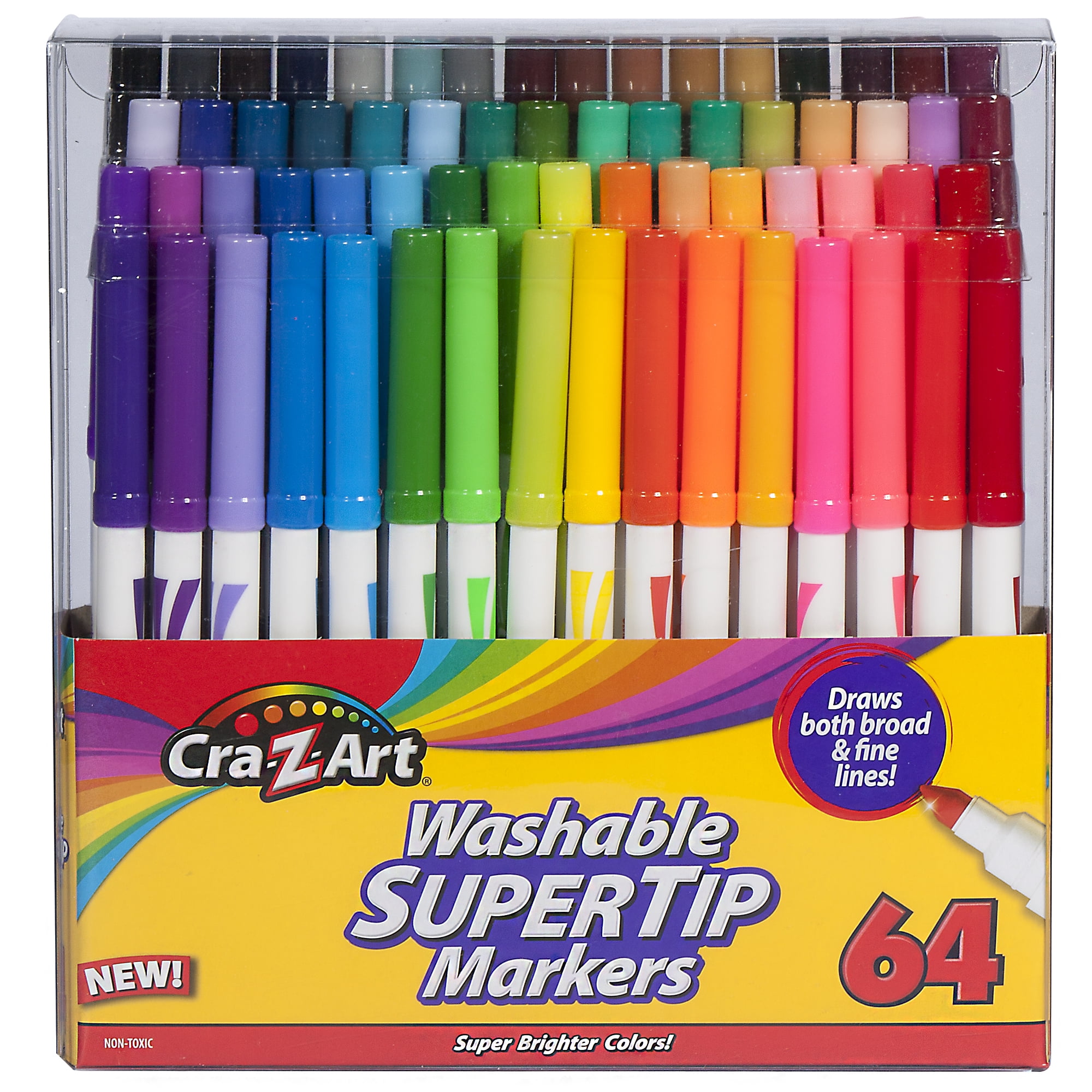 Cra-Z-Art Washable Supertip Markers, Broad/Fine Bullet Tip, Assorted Colors, 64/Set