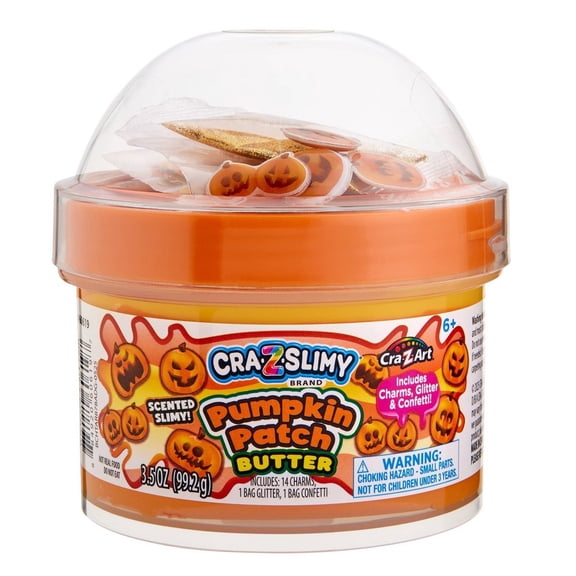 Cra-Z-Slimy Halloween Pumpkin Patch Butter Slime, Orange & Yellow Scented Dome Jar with Glitter, Confetti & 14 Pumpkin Charms, 3.5 oz, Ages 6+