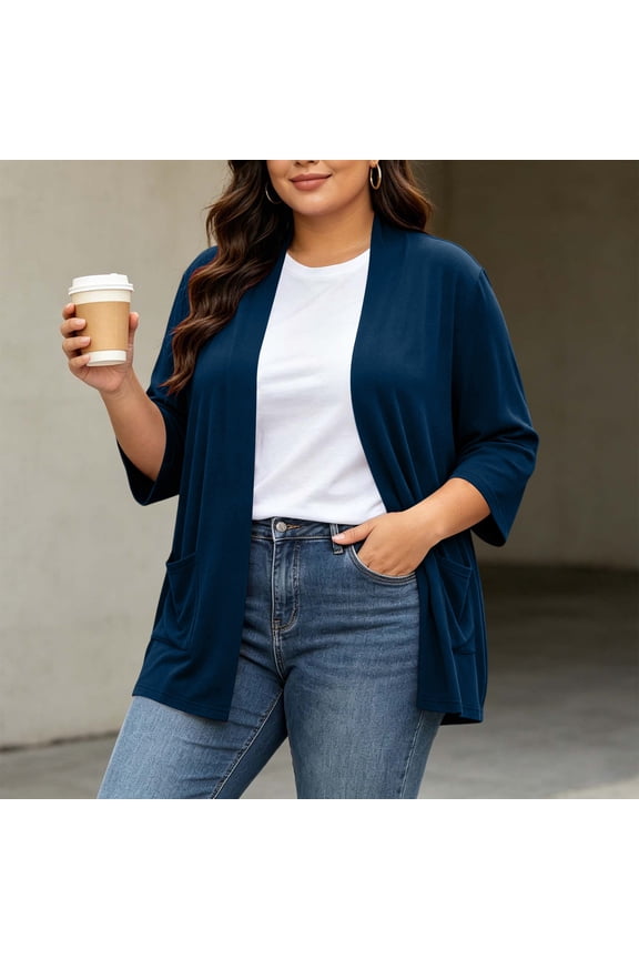 3/4 Sleeve Cardigans for Women Plus Size Open Front with Pockets Casual Lightweight Layering Solid Color Summer Tops
