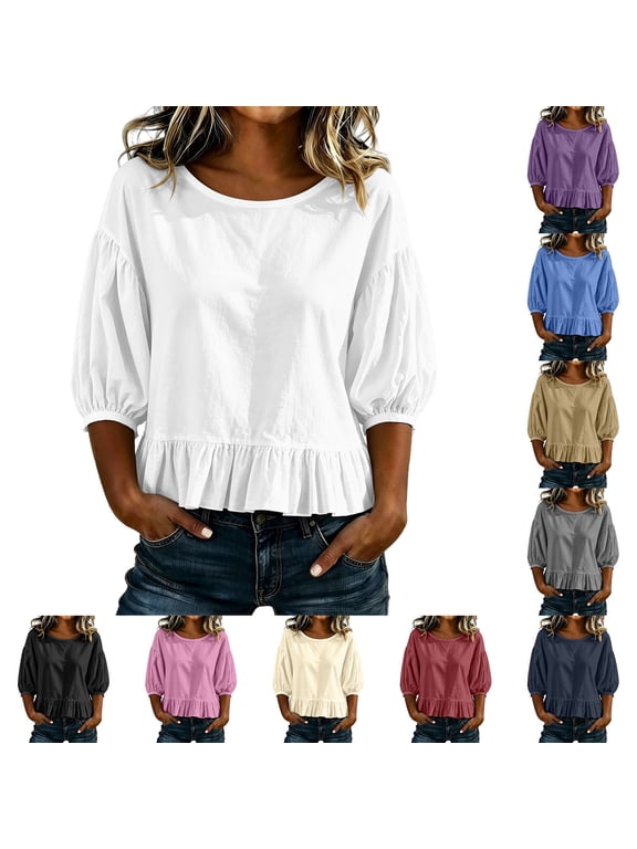 3/4 Sleeve Tops for Women Solid Color Round Neck Casual Blouses, Puff Bubble Sleeve Shirts with Back Tie Detail, Soft Breathable Ruffle Hem for Daily Shopping Office