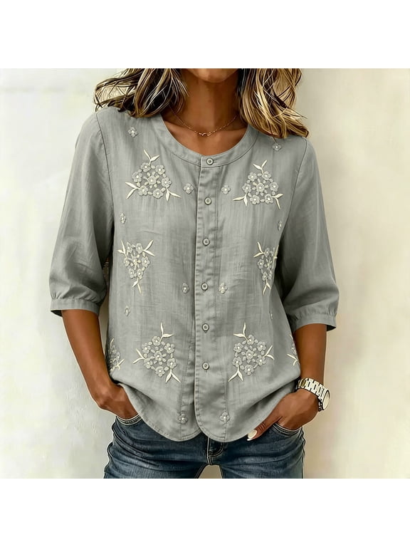 3/4 Sleeve Tops for Women, Floral Embroidered Crew Neck Cotton Linen Button Down Shirts, Loose Fit Casual Blouses for Work and Daily Wear