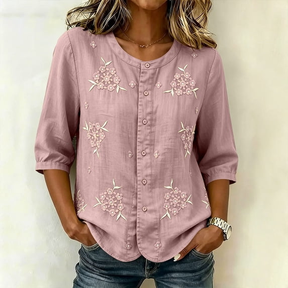 Craaazy 3/4 Sleeve Tops for Women, Floral Embroidered Crew Neck Cotton Linen Button Down Shirts, Loose Fit Casual Blouses for Work and Daily Wear