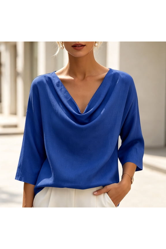 3/4 Sleeve Tops for Women Regular Fit Solid Color Cowl Neck Cotton Linen Casual Blouses for Office Work, Spring Travel