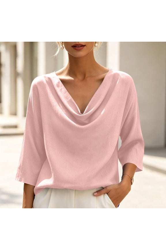 3/4 Sleeve Tops for Women Regular Fit Solid Color Cowl Neck Cotton Linen Casual Blouses for Office Work, Spring Travel