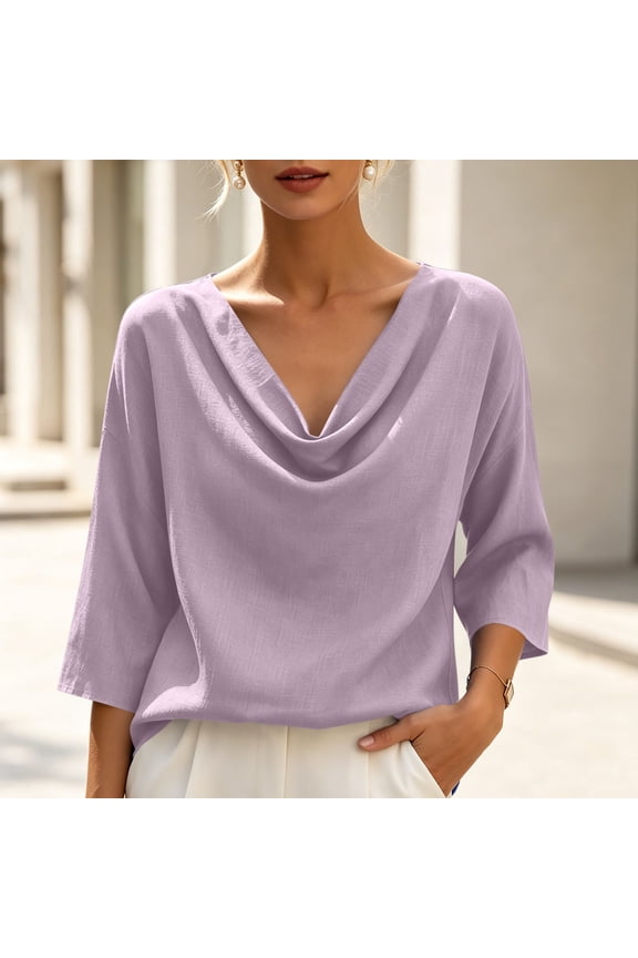 3/4 Sleeve Tops for Women Regular Fit Solid Color Cowl Neck Cotton Linen Casual Blouses for Office Work, Spring Travel