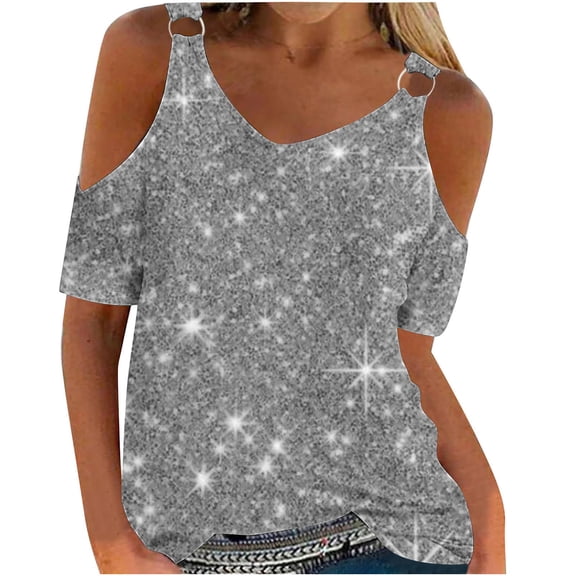 Craaazy Blouses for Women Casual Shirts Cold Shoulder Short Sleeve V Neck Summer Shirt Fashion Top Vacation Outfit