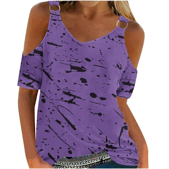 Craaazy Blouses for Women Casual Shirts Cold Shoulder Short Sleeve V Neck Summer Shirt Fashion Top Vacation Outfit