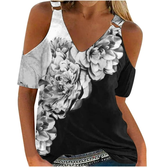 Craaazy Blouses for Women Casual Shirts Cold Shoulder Short Sleeve V Neck Summer Shirt Fashion Top Vacation Outfit