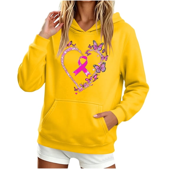 Craaazy Breast Cancer Awareness Hoodies for Women Long Sleeve Tops, Pink Ribbon Butterfly Sunflower Printed Pullover Sweatshirt with Front Pocket for Fall Winter Daily Wear