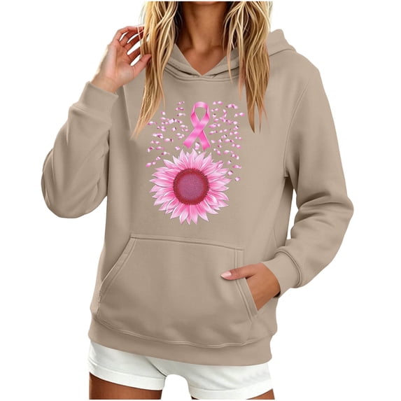 Craaazy Breast Cancer Awareness Hoodies for Women Long Sleeve Tops, Pink Ribbon Butterfly Sunflower Printed Pullover Sweatshirt with Front Pocket for Fall Winter Daily Wear
