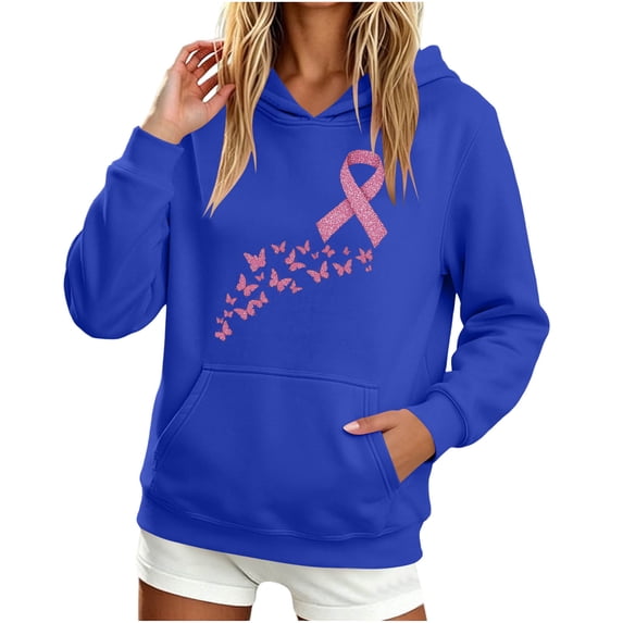 Craaazy Breast Cancer Awareness Hoodies for Women Long Sleeve Tops, Pink Ribbon Butterfly Sunflower Printed Pullover Sweatshirt with Front Pocket for Fall Winter Daily Wear