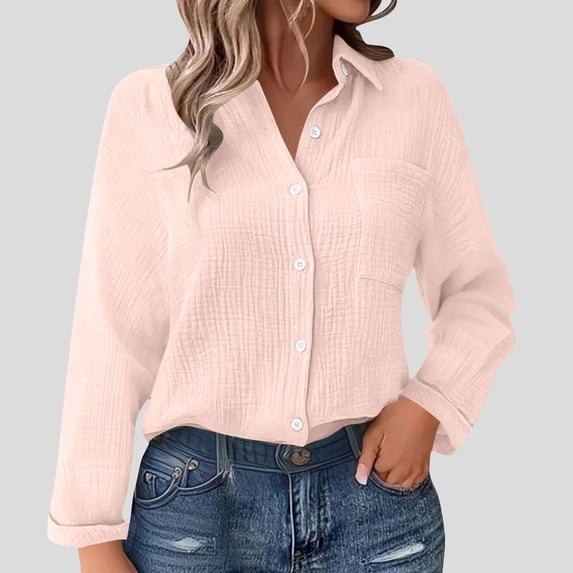 Craaazy Button Down Shirts For Women Lapel Solid Color Long Sleeve Blouses Gifts For Women