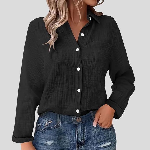 Craaazy Button Down Shirts For Women Lapel Solid Color Long Sleeve Blouses Gifts For Women