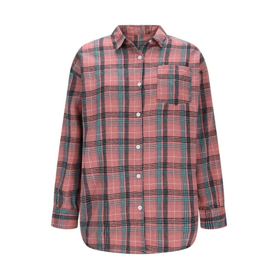 Craaazy Button Down Shirts For Women Plaid Printed Tops Long Sleeve Turn-down Collar Cardigan Coat With Pocket Gifts For Women