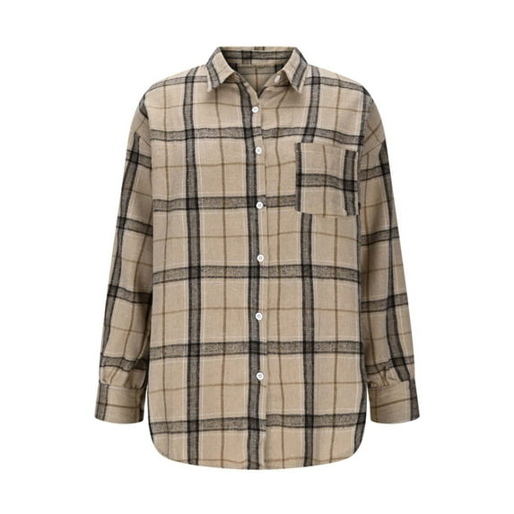 Craaazy Button Down Shirts For Women Plaid Printed Tops Long Sleeve Turn-down Collar Cardigan Coat With Pocket Gifts For Women