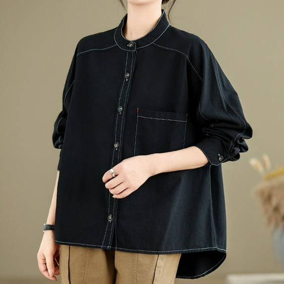Craaazy Button Down Shirts For Women Twill Solid Color Long Sleeved Shirt Gifts For Women