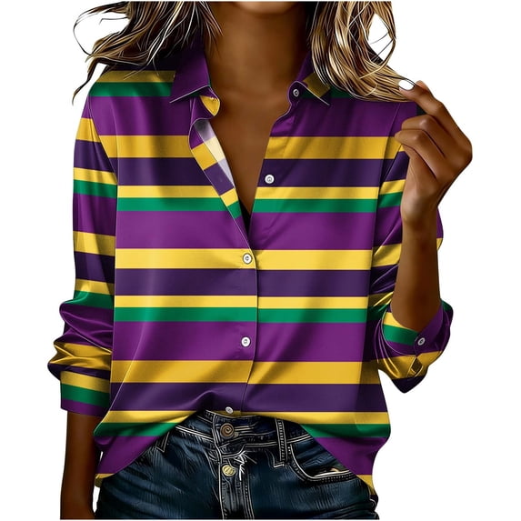 Craaazy Button Down Shirts for Women Carnival Party Prints Multi-color Striped Print Lapel Long Sleeve Mardi Gras Clothes Gifts