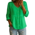 thumbnail image 1 of Craaazy Button Down Shirts for Women Fashion V-neck 3/4 Sleeve Solid Color Casual Tops, 1 of 5