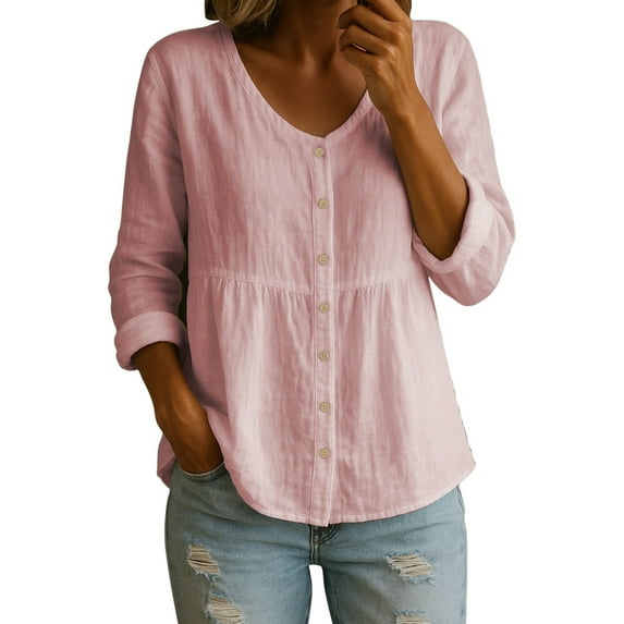 Craaazy Button Down Shirts for Women Fashion V-neck 3/4 Sleeve Solid Color Casual Tops