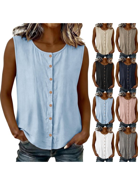 Button Down Shirts for Women Sleeveless Crew Neck Solid Color Cotton Blouses for Casual Wear