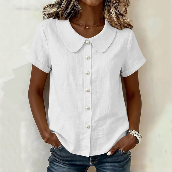 Craaazy Button Down Shirts for Women Solid Color Peter Pan Collar Cotton Linen Casual Short Sleeve Tops for Summer Daily Wear