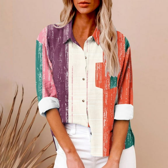 Craaazy Button Down Shirts for Women Striped Autumn Lapel Single-Breasted Pocket Long-Sleeved Shirt Gifts for Women