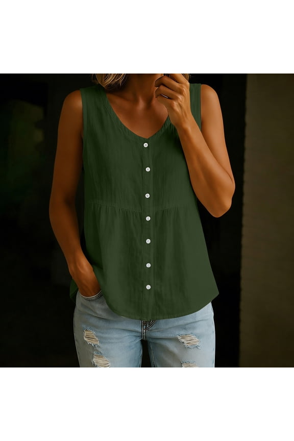 Button Down Shirts for Women Trendy Sleeveless V Neck Cotton Linen Solid Color Loose Fit Casual Summer Tank Tops