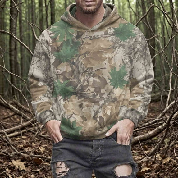 Craaazy Camo Hoodies for Women Men, Maple Leaf Print Oversized Hooded Sweatshirt Long Sleeve Fleece Pullover With Pocket Gifts