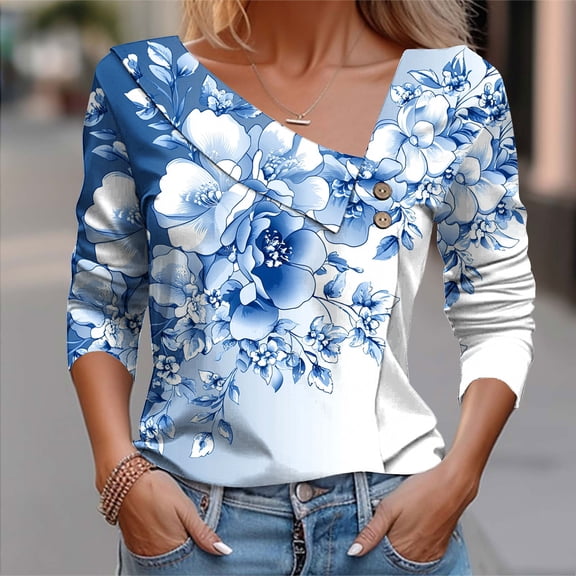 Craaazy Casual Printed T Shirts for Women V Neck Button Blouses Gifts