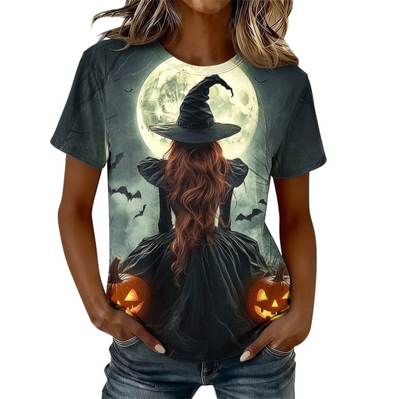 Craaazy Casual Tops for Women Multicolor Round Neck Short Sleeve Loose Fit Halloween Theme Graphic Tees Bright Printed Shirts for Spring Fall Daily Festival Occasions