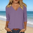 thumbnail image 1 of Craaazy Casual Tops for Women Cotton Regular Fit Solid Color V Neck 3/4 Sleeve Shirts, 1 of 7