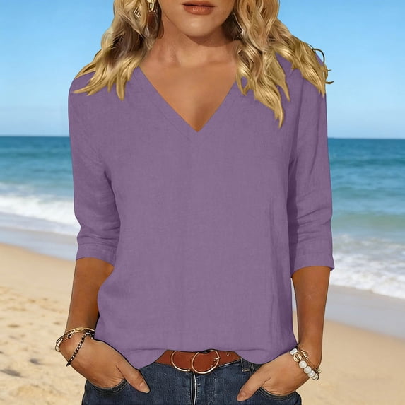 Craaazy Casual Tops for Women Cotton Regular Fit Solid Color V Neck 3/4 Sleeve Shirts