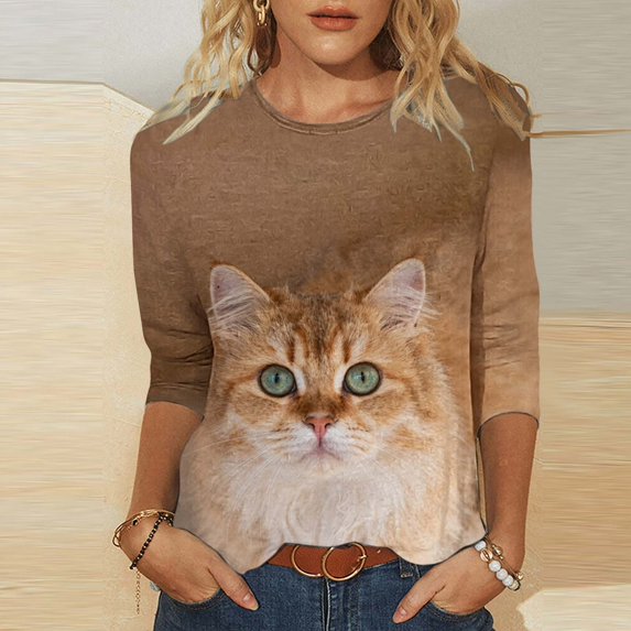 Craaazy Casual Tunic Tops for Women Loose Fit Solid Base Round Neck 3/4 Sleeve Animal Graphic Print Blouses Daily Spring Summer Outfits
