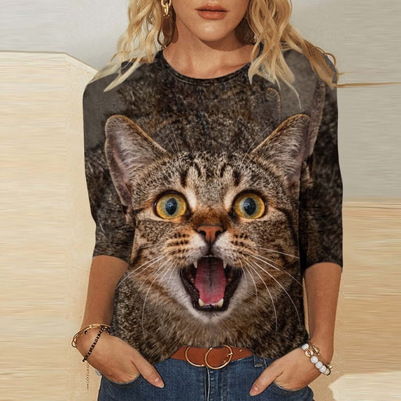 Craaazy Casual Tunic Tops for Women Loose Fit Solid Base Round Neck 3/4 Sleeve Animal Graphic Print Blouses Daily Spring Summer Outfits