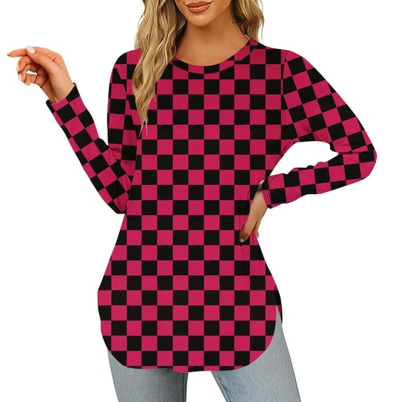 Craaazy Checkerboard Long Sleeve Tops Gifts For Women Loose Crew Neck Comfy Blouse Tunic Tops Casual