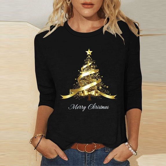 Craaazy Christmas 3/4 Sleeve Tops for Women Loose Fit Multicolor Crew Neck Christmas Graphic Print Casual Pullover Tunic Top for Fall Winter Daily Holiday Party Shopping Outdoor
