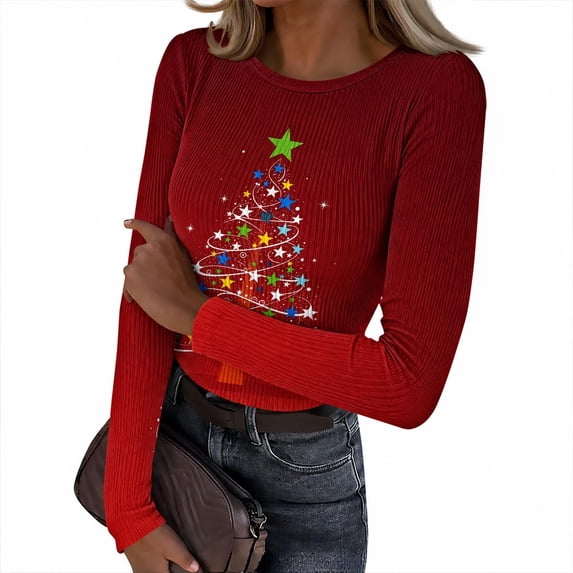 Craaazy Christmas Blouses for Women Long Sleeve Round Neck Slim Fit Stretch Knit Tops Festive Graphic Print Pullover for Party Casual Outfits Gifts