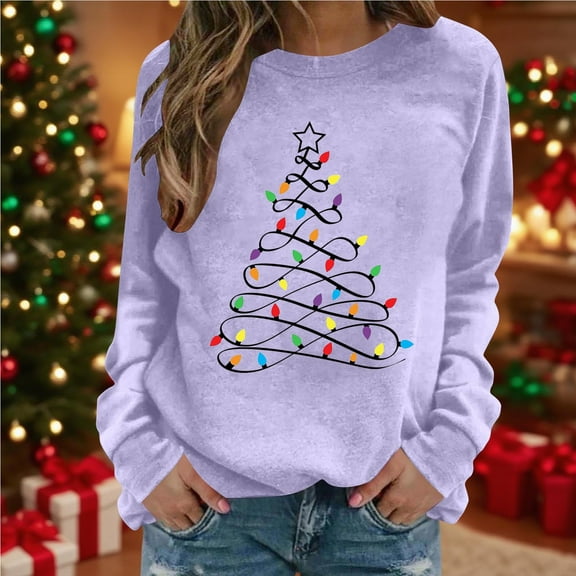Craaazy Christmas Casual Long Sleeve Gifts Round Neck Shirts for Women Christmas Prints Loose Blouse Sweatshirts Tops