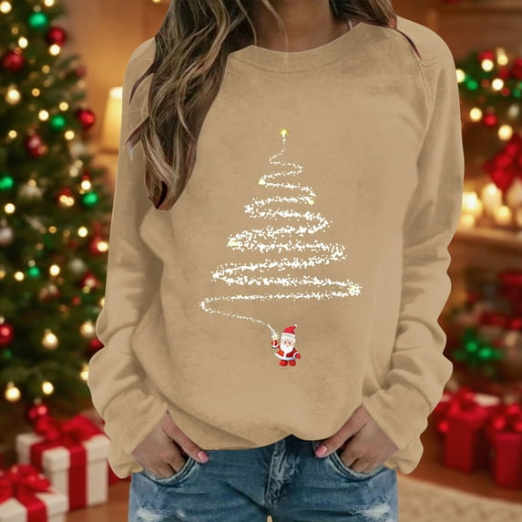 Craaazy Christmas Fashion Long Sleeve Round Neck Gifts Shirts for Women Christmas Printing Loose Blouse Capless Sweatshirts Top