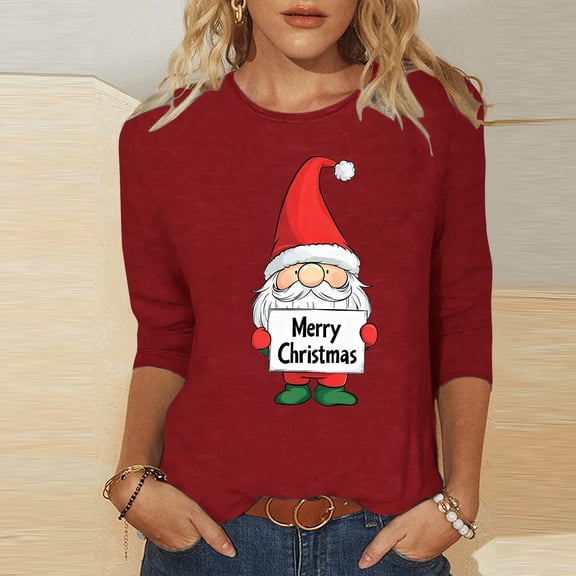 Craaazy Christmas Gifts For Women Crew Neck 3/4 Sleeve Xmas Shirts Funny Santa Christmas Tree Graphic Pullover Snowman Sweatshirts Womens Tops