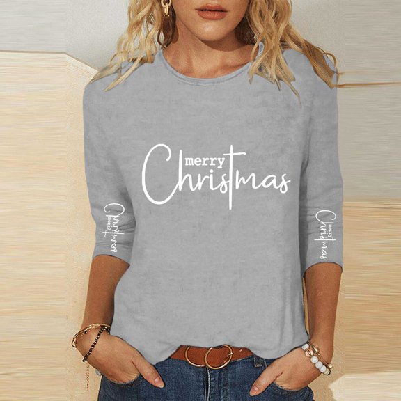 Craaazy Christmas Gifts For Women Crew Neck 3/4 Sleeve Xmas Shirts Funny Santa Christmas Tree Graphic Pullover Snowman Sweatshirts Womens Tops