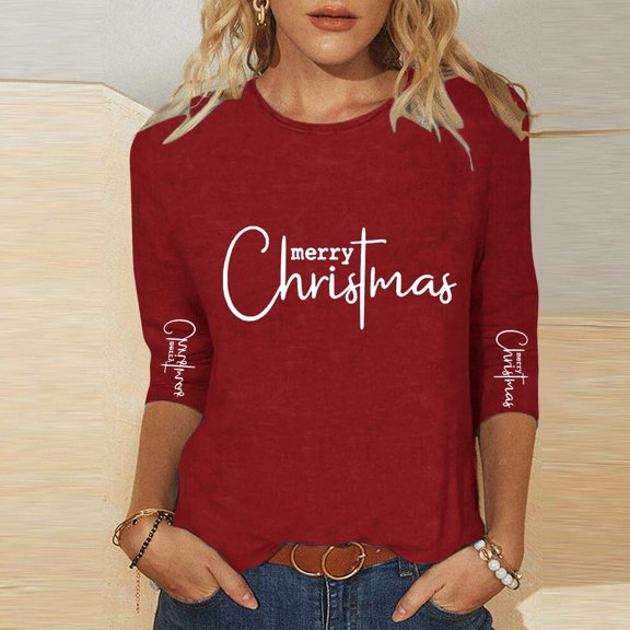 Craaazy Christmas Gifts For Women Crew Neck 3/4 Sleeve Xmas Shirts Funny Santa Christmas Tree Graphic Pullover Snowman Sweatshirts Womens Tops